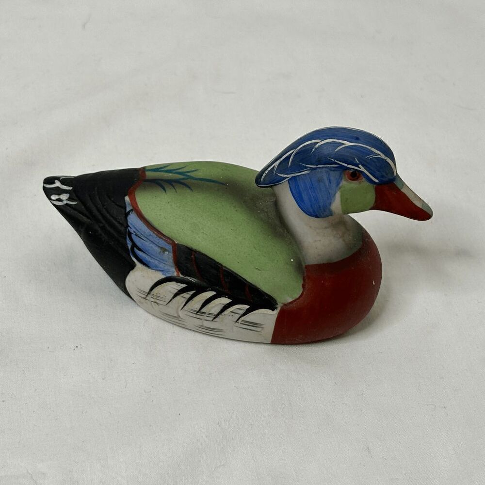 Vintage Jasco Ceramic Porcelain Hand-Painted Wood Duck Figurine Lint Brush 3" H